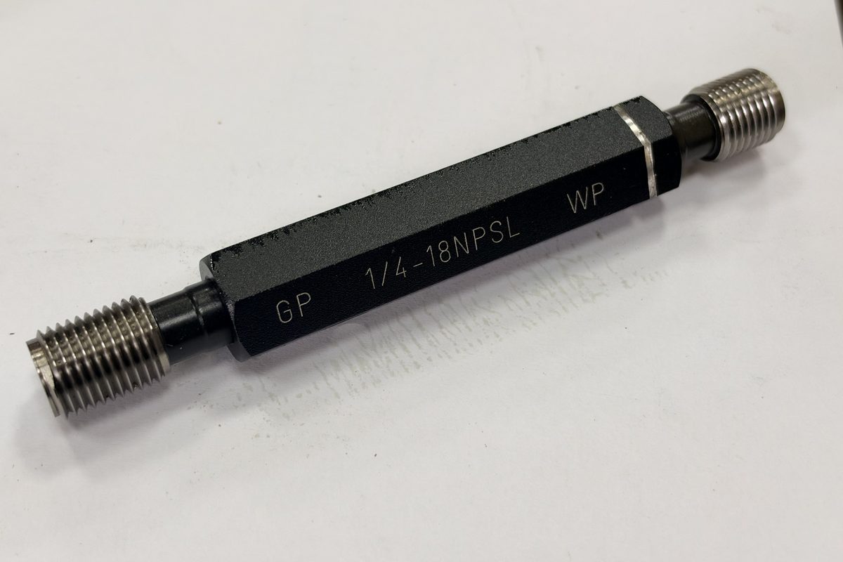 1/4-18 NPSL thread plug gauge, marked GP and WP